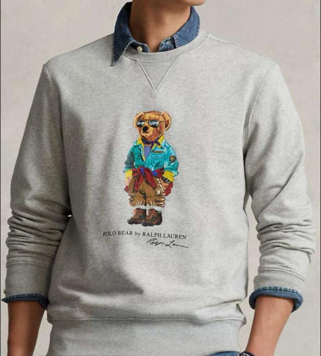 Men Grey Polo Bear Fleece Sweatshirt